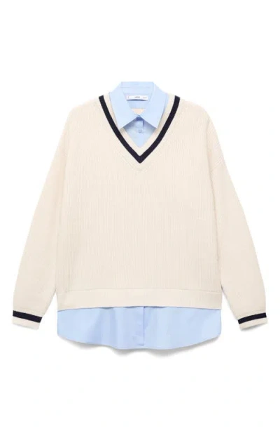 Mango Mixed Media Layered Look V-neck Sweater In Neutral
