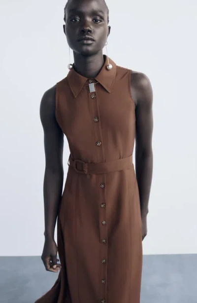 Mango Belt Shirt Dress Brown In Brown