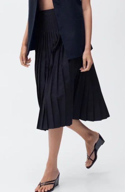 Mango Pleated Midi Skirt Dark Navy In Blue