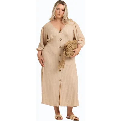 Fashion-szn Curve Balloon Sleeve Button Front Midi Dress In Gray