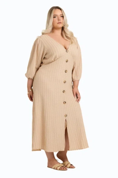 Fashion-szn Curve Balloon Sleeve Button Front Midi Dress In Gray