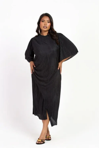 Fashion-szn Curve Ruched Side Flutter Sleeve Midi Dress In Black