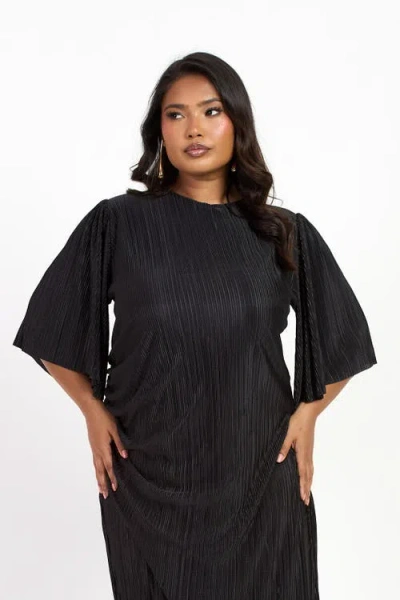 Fashion-szn Curve Ruched Side Flutter Sleeve Midi Dress In Black