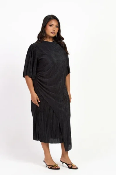 Fashion-szn Curve Ruched Side Flutter Sleeve Midi Dress In Black