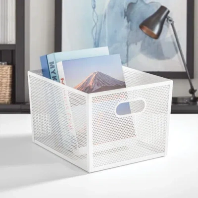 Mdesign Perforated Metal Storage Bin With Handles For Pantry In White