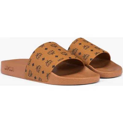 Mcm Male Monogram Print Rubber Slides In Brown