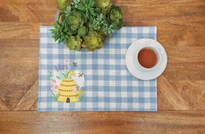 C & F Home C&f Home Bee Happy In Blue Embroidered Placemats Set Of 6 Blue Plaid, 13" X 16" In Blue