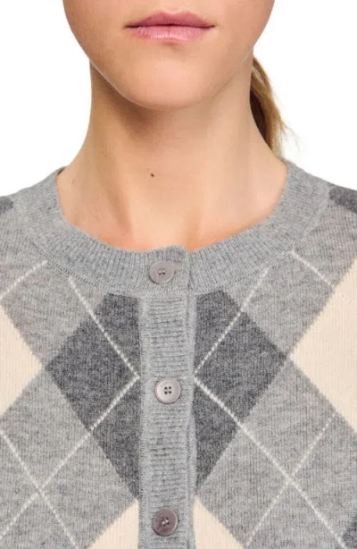 Sandro Womens Grey Argyle Round-neck Wool And Cashmere-blend Cardigan In Black