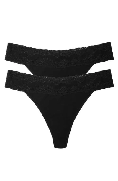 Natori Bliss Perfection Lace Trim One Size Thong 2-pack In Black