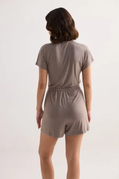 Reistor Regular Fit V-neck Drawstring Knit Romper In Brown