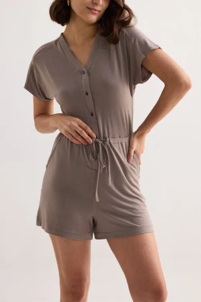 Reistor Regular Fit V-neck Drawstring Knit Romper In Brown