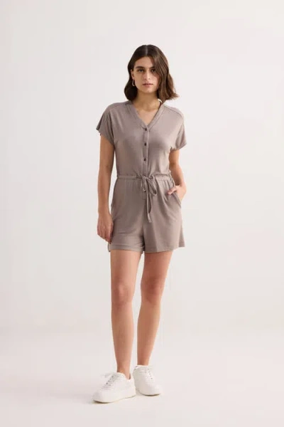 Reistor Regular Fit V-neck Drawstring Knit Romper In Brown
