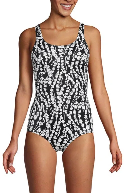 Lands' End D-cup Chlorine Resistant Scoop Neck Soft Cup Tugless Sporty One Piece Swimsuit Print In Black