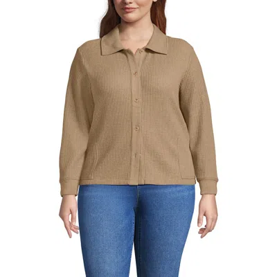 Lands' End Plus Size Long Sleeve Waffle Collared Shacket In Brown