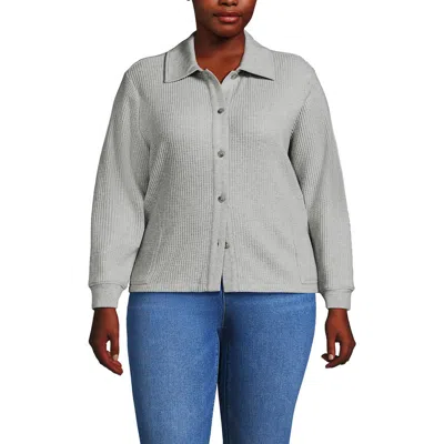 Lands' End Plus Size Long Sleeve Waffle Collared Shacket In Gray