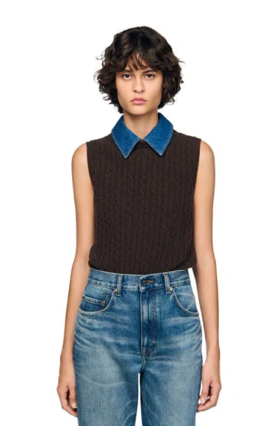 Sandro Womens Brown Denim-collar Ribbed Sleeveless Wool-blend Jumper