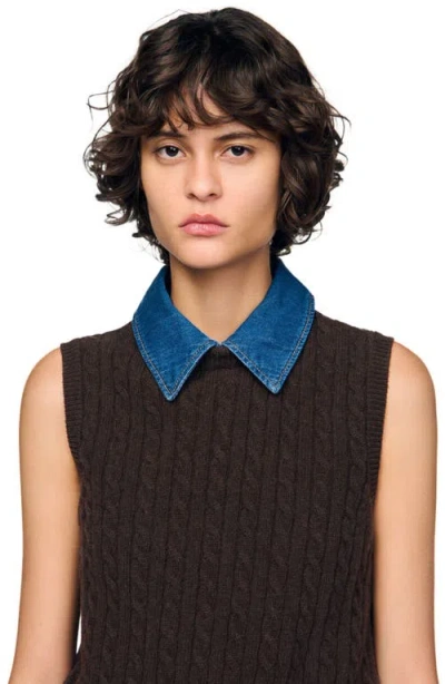 Sandro Womens Brown Denim-collar Ribbed Sleeveless Wool-blend Jumper