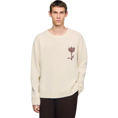 Sandro Mens Butter Cream Flower-motif Knitted Wool Jumper In Neutral