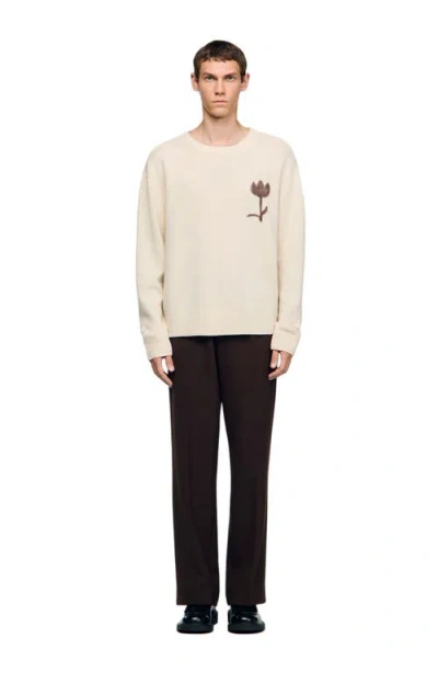 Sandro Mens Butter Cream Flower-motif Knitted Wool Jumper In Neutral