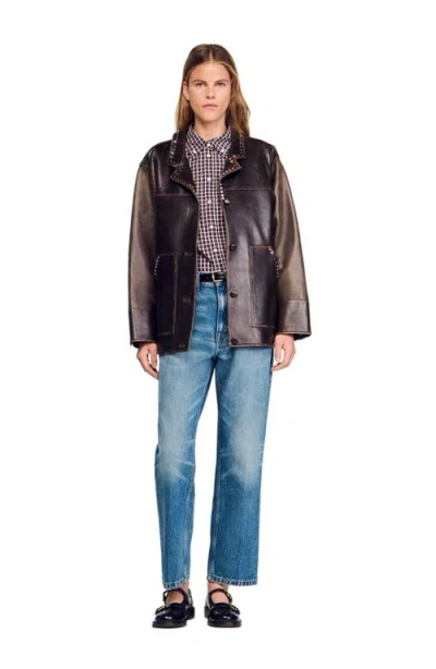 Sandro Oversized Leather Jacket With Studs In Multi
