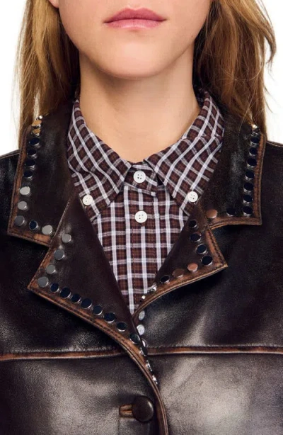 Sandro Oversized Leather Jacket With Studs In Multi