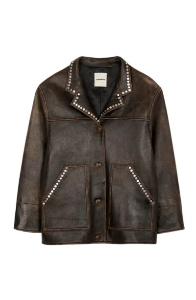 Sandro Oversized Leather Jacket With Studs In Multi