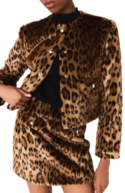 Maje Faux Fur Leopard Print Jacket In Brown