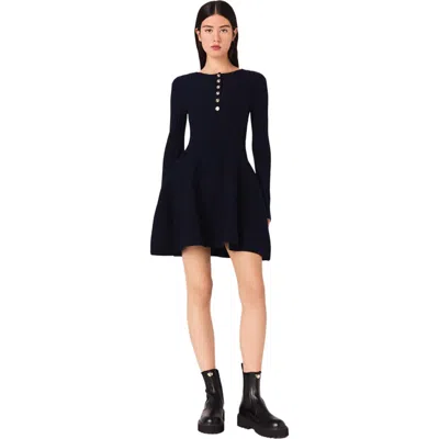 Maje Womens Navy Round-neck Flared-skirt Stretch-knit Mini Dress In Blue