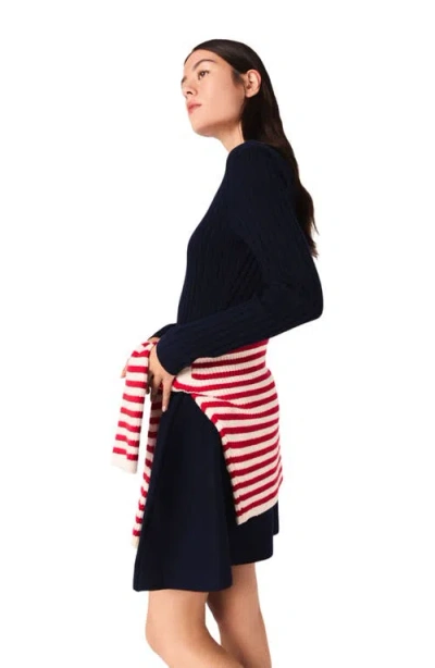 Maje Womens Navy Round-neck Flared-skirt Stretch-knit Mini Dress In Blue