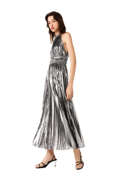 Maje Womens Silver Pleated Halter-neck Woven Maxi Dress