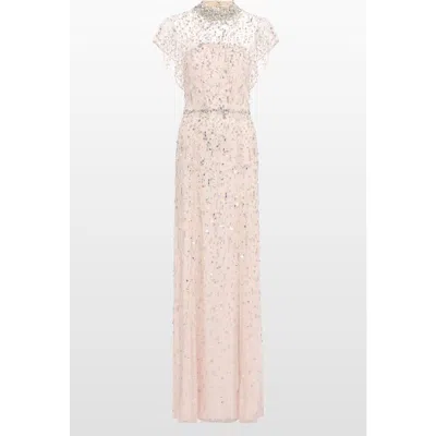 Jenny Packham Crystal Drop Embellished High-neck Maxi Dress In Neutral