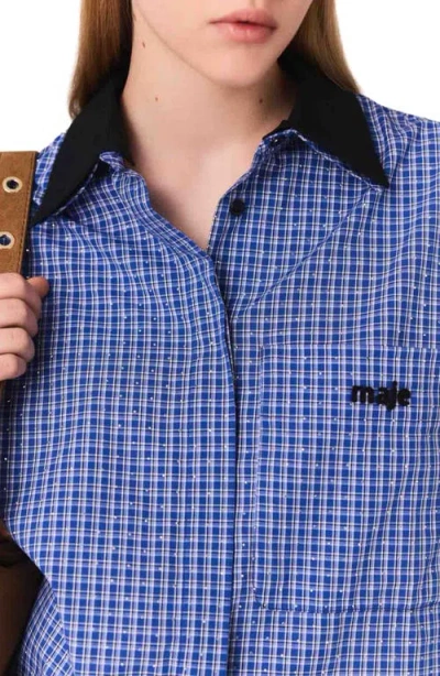 Maje Womens Blue Rhinestoned Tiles Rhinestone-embellished Removable-collar Cotton Shirt