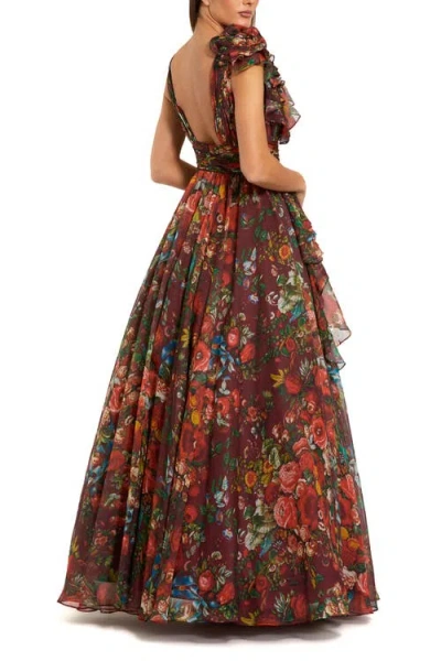 Mac Duggal Floral Print Ballgown With Ruffle Shoulder And Plunging V-neck In Multi
