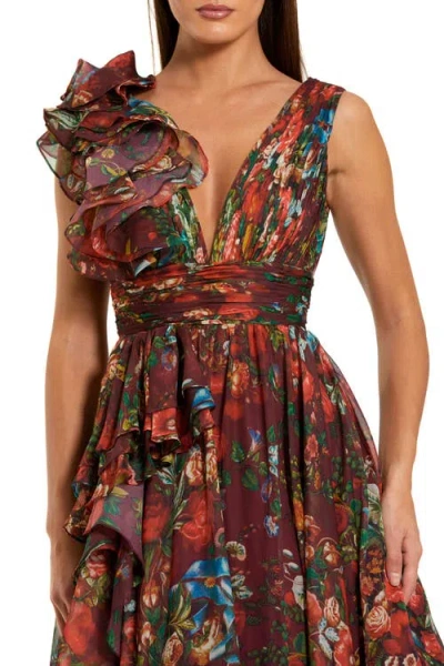 Mac Duggal Floral Print Ballgown With Ruffle Shoulder And Plunging V-neck In Multi