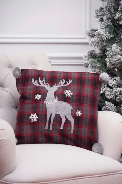 C & F Home C&f Home Frosty Deer Plaid Embellished Christmas Throw Pillow, 18" X 18" In Red