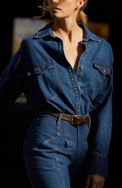 Crescent Denim Button Up Shirt In Animal Print