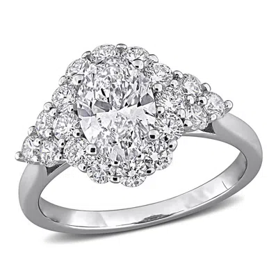 Created Forever 2 1/4ct Tgw Oval And Round-cut Lab Grown Diamond Halo Engagement Ring In Sterling Si In Metallic