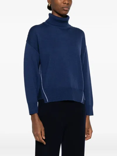 Alpha Studio Contrast-stitching Turtleneck Sweater In Blue