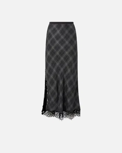 Pinko Plaid Skirt With Lace Trim And Side Slit In Black