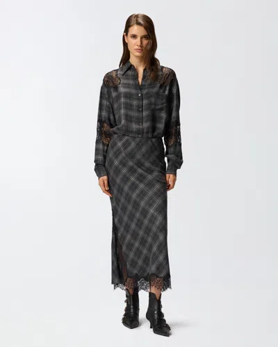 Pinko Plaid Skirt With Lace Trim And Side Slit In Black