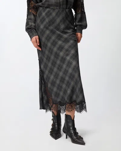 Pinko Plaid Skirt With Lace Trim And Side Slit In Black