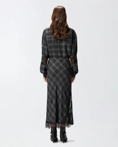 Pinko Plaid Skirt With Lace Trim And Side Slit In Black