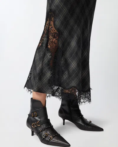 Pinko Plaid Skirt With Lace Trim And Side Slit In Black