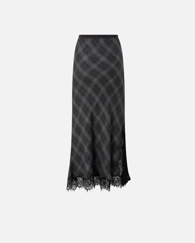 Pinko Plaid Skirt With Lace Trim And Side Slit In Black