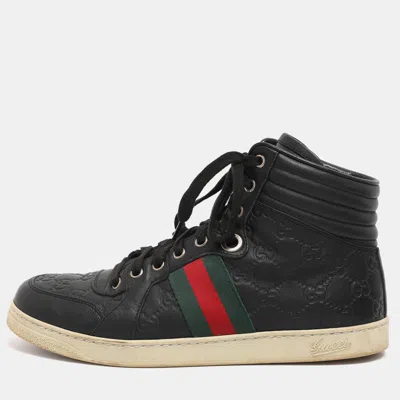 Pre-owned Gucci Ssima Leather Web Detail High-top Sneakers Size 40.5 In Black