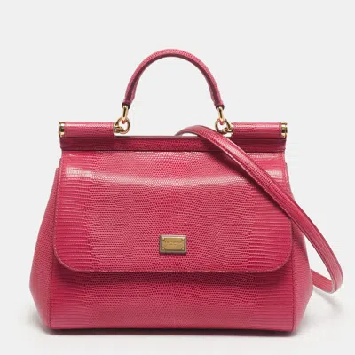 Pre-owned Dolce & Gabbana Fuchsia Lizard Embossed Leather Medium Miss Sicily Top Handle Bag In Pink