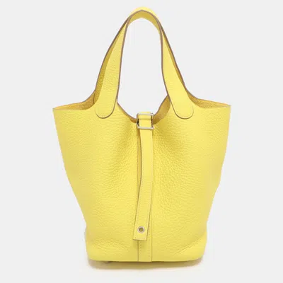 Pre-owned Hermes Jaune Citron Taurillon Clemence Leather Picotin Lock 18 Bag In Yellow