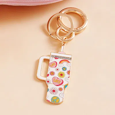 Fashnzfab Enamel Love Message Smile Face Floral Pattern Tumbler Back Engraved Keychain / Bag Charm In Multi