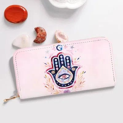 Fashnzfab Evil Eye Centered Hamsa Hand Leaf Print Wallet In Pink