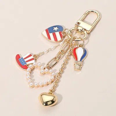 Fashnzfab Enamel American Usa Flag Hat Balloon Pearl Heart Charm Tip Dangle Keychain / Bag Charm In Multi